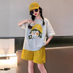 2025夏季新款女童套裝夏裝中大童休閒洋氣卡通印花短袖短褲兩件套