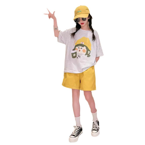 2025夏季新款女童套裝夏裝中大童休閒洋氣卡通印花短袖短褲兩件套