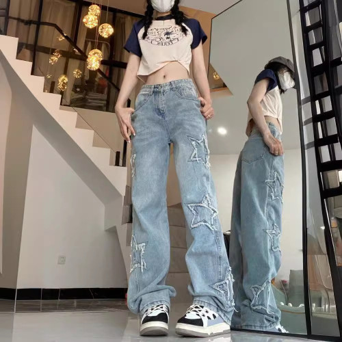 五角星貼布牛仔褲女春夏新款刺綉高腰寬松濶腿長褲直筒拖地褲子潮