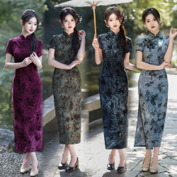 國風2025夏秋新款改良絨旗袍新中式大碼長款婚宴禮媽媽演出代