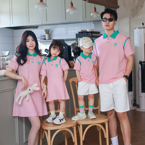 2024夏季新款童裝親子裝T恤母女polo領連衣裙全家裝嬰兒爬服