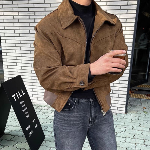 2024外套男高級範棕咖色潮牌翻領夾克網紅高級感春秋百搭男款上衣