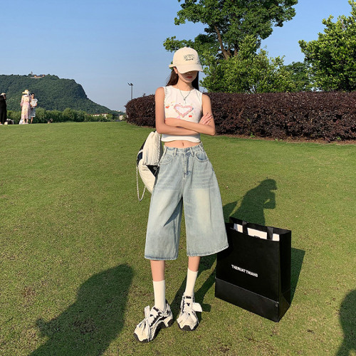 2024淺藍美式高街復古水洗高腰寬松濶腿七分褲潮酷百搭牛仔褲子女
