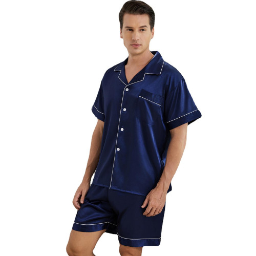 夏季男士翻領居家套裝薄款睡衣男款寬松大碼家居服
