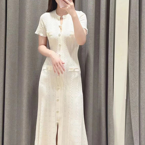 純元S家新款秋法式輕奢針織木耳邊連衣裙女初戀鏤空長款長裙