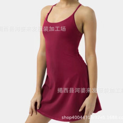 2025歐美新款帶打底防走光口袋瑜伽服吊帶連衣裙褲兩件套 現