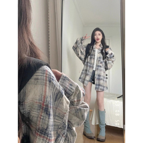 高級感格子襯衫女夏季撞色拼接襯衣oversize美式復古開衫防曬外套