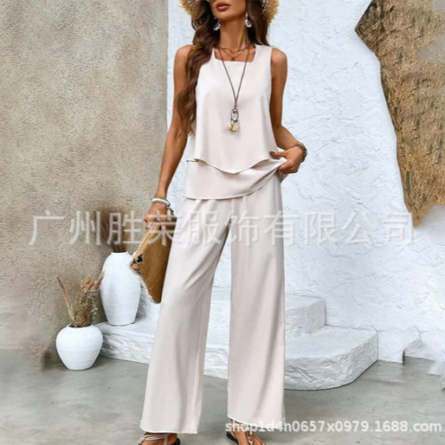 2025新款歐美女裝獨立站款無袖雙層背心褲子套裝