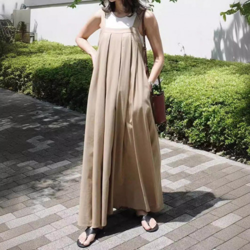  連衣裙女2024夏新款日韓寬松吊帶一字領A字連衣裙