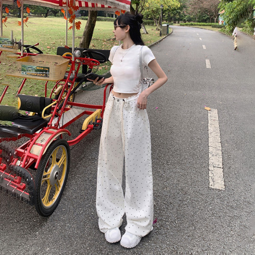 雙色復古波點寬松濶腿褲抽繩調節百搭微喇叭牛仔褲女&長褲加長