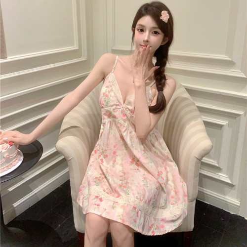 睡衣女梭織全棉丁香花舒適可愛感性外穿吊帶短睡裙家居服加胸棉