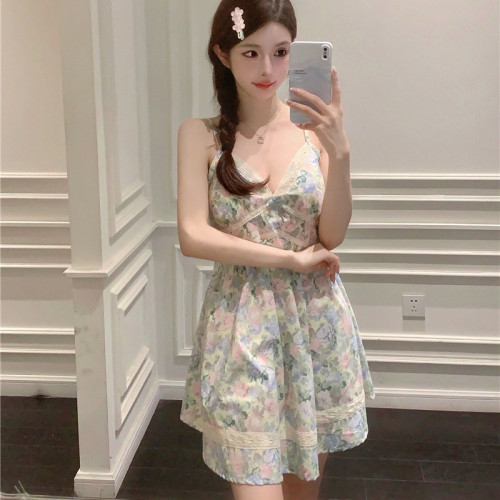 睡衣女梭織全棉丁香花舒適可愛感性外穿吊帶短睡裙家居服加胸棉