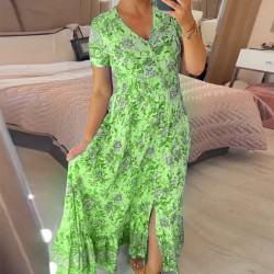 歐美wish新款高彈力女裝V領印花海邊風連衣裙