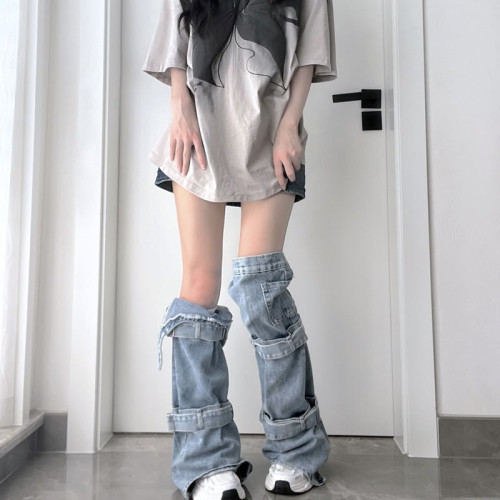 新款設計感日系亞文化甜酷水洗牛仔腿套拼接綁帶褲靴套襪套女ins