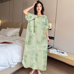 夏季短袖睡裙大碼睡衣女士印花綿綢加大加肥國風寬松胖MM氣質透氣