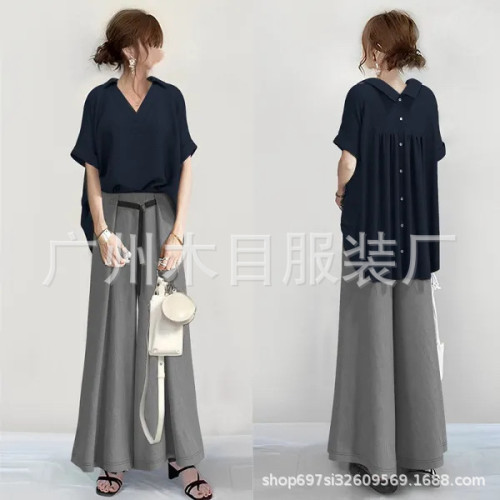  套裝女2024夏新款翻領短袖上衣+濶腿褲直筒褲女套裝