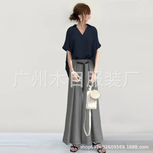  套裝女2024夏新款翻領短袖上衣+濶腿褲直筒褲女套裝