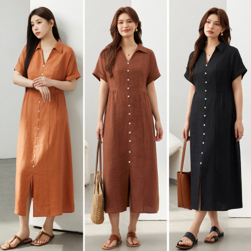 纖莉秀大碼女裝日系慵懶風收腰顯瘦氣質亞麻連衣裙胖mm2024夏新款