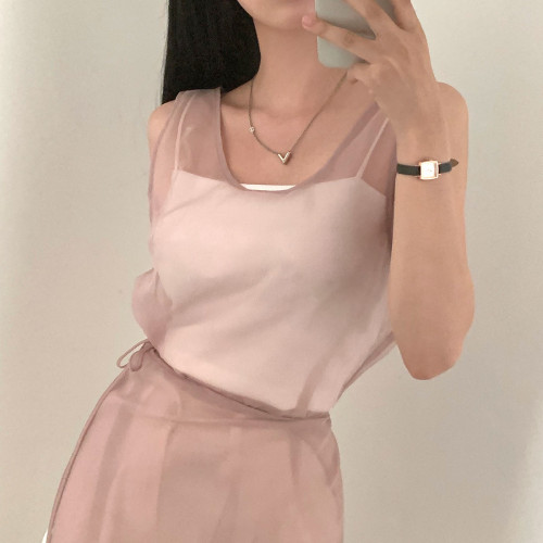 韓國chic夏季復古小衆設計感氣質曡穿圍裙式綁帶網紗背心連衣裙