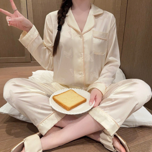 春秋新款冰絲睡衣女長袖蝴蝶提花夏季薄款高級感家居服套裝可外穿