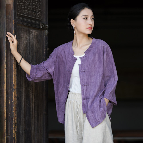 25春棉麻女裝新品手工紥染立領盤釦女襯衫新中式唯美開衫防曬外披