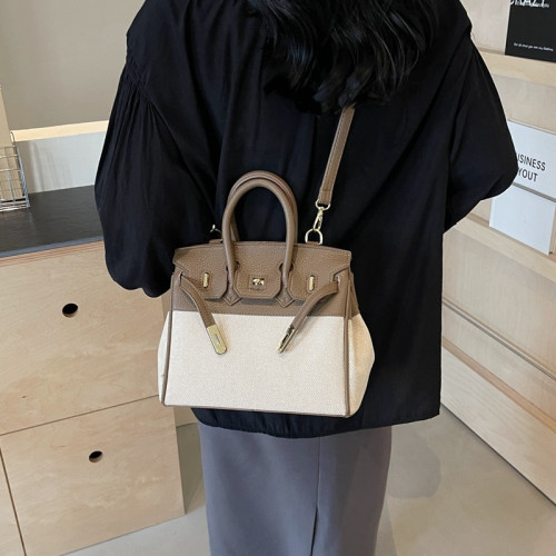 ins網紅女士單肩包2024新款潮流帆布包歐美時尚荔枝紋撞色鉑金包
