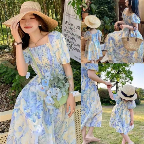 韓國親子裝連衣裙洋氣短袖夏季新款薄款純棉印花中長款顯瘦母女裝