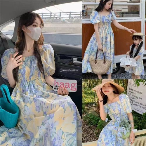 韓國親子裝連衣裙洋氣短袖夏季新款薄款純棉印花中長款顯瘦母女裝