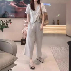 36032大愛美依緣2025夏季新款時尚V領短袖上衣高腰濶腿褲休閒顯瘦