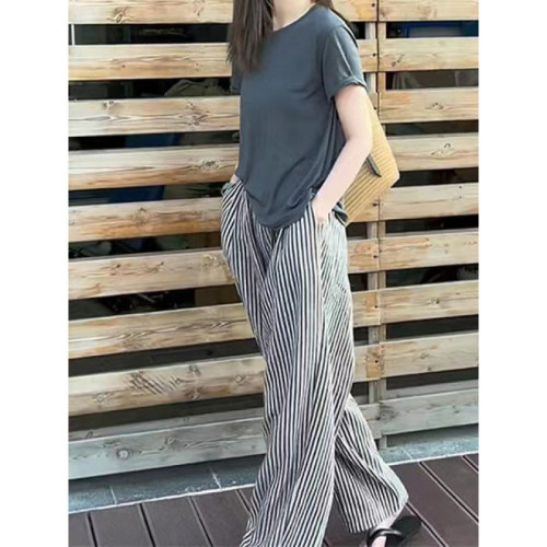 韓版時尚休閒直筒濶腿褲女2024春季新款大碼顯瘦百搭薄款條紋褲子