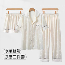 YD家居服新款冰絲睡衣女春秋季女短袖絲綢櫻桃提花三件套夏季套裝