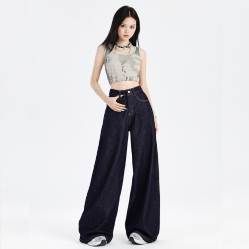 不掉色深藍色牛仔褲女秋季新款美式設計感寬松顯瘦直筒拖地濶腿褲