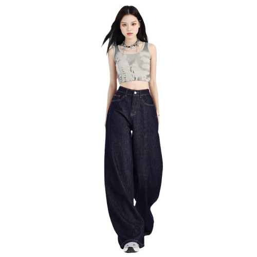 不掉色深藍色牛仔褲女秋季新款美式設計感寬松顯瘦直筒拖地濶腿褲