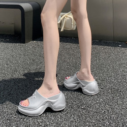 厚底拖鞋女士歐美ins潮EVA網紅同款金屬色銀色高跟一字型涼拖鞋