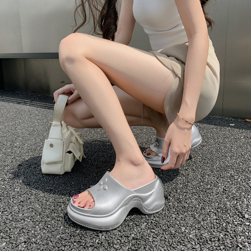 厚底拖鞋女士歐美ins潮EVA網紅同款金屬色銀色高跟一字型涼拖鞋