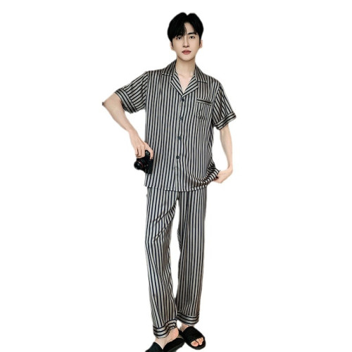 2024夏季新款男士冰絲睡衣薄款短袖長褲條紋高級感家居服A7-501