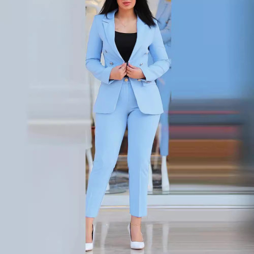 2024女裝純色修身休閒時尚收腰雙排釦兩件套西裝套裝