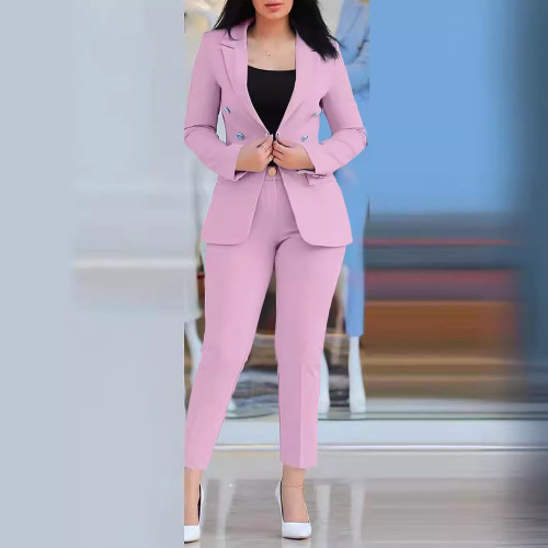 2024女裝純色修身休閒時尚收腰雙排釦兩件套西裝套裝