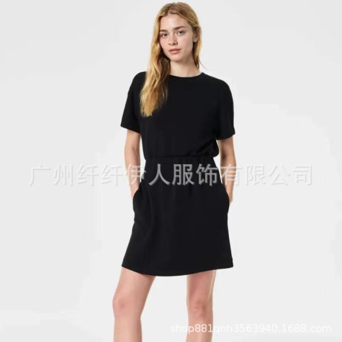 2024夏季新款女裝歐美純色寬松插口袋松緊腰短袖連衣裙