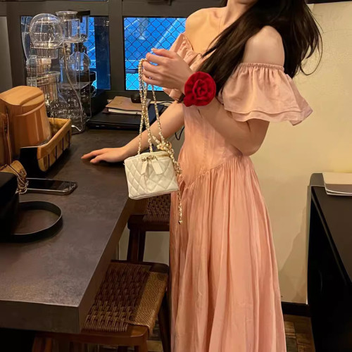 2024夏季新品大碼女裝法式溫柔茶歇連衣裙胖mm顯瘦復古露肩長裙子