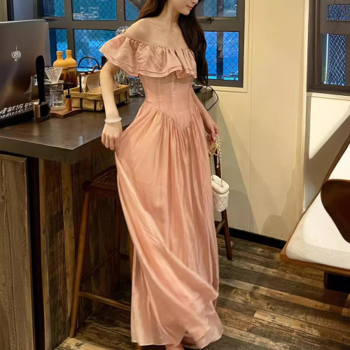 2024夏季新品大碼女裝法式溫柔茶歇連衣裙胖mm顯瘦復古露肩長裙子