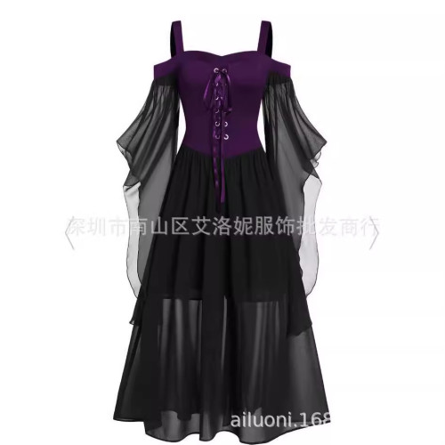 2024萬聖節女巫吊帶綁帶大擺連衣長裙