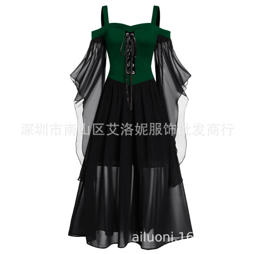 2024萬聖節女巫吊帶綁帶大擺連衣長裙