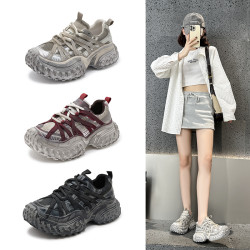 巴黎復古擦色做舊安可拉紅老爹鞋女2025春厚底增高系帶運動髒髒鞋