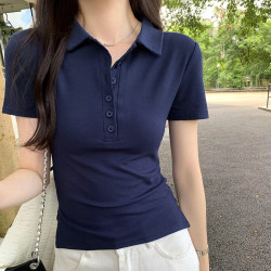 實拍韓系小衆翻領短袖t恤女2024夏季新款美式正肩顯瘦polo衫67641