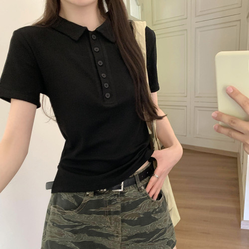 實拍韓系小衆翻領短袖t恤女2024夏季新款美式正肩顯瘦polo衫67641