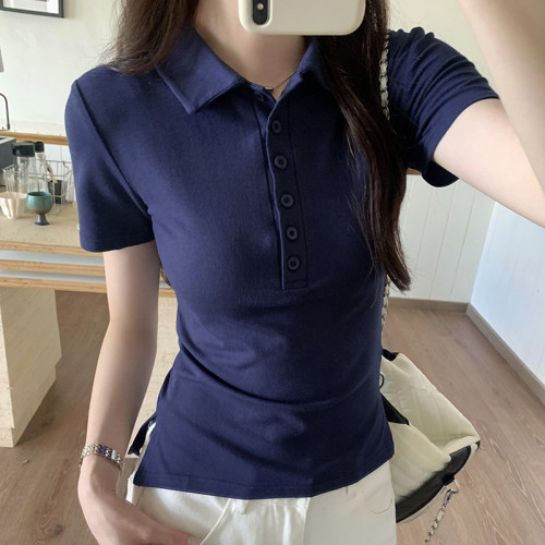 實拍韓系小衆翻領短袖t恤女2024夏季新款美式正肩顯瘦polo衫67641