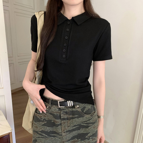 實拍韓系小衆翻領短袖t恤女2024夏季新款美式正肩顯瘦polo衫67641