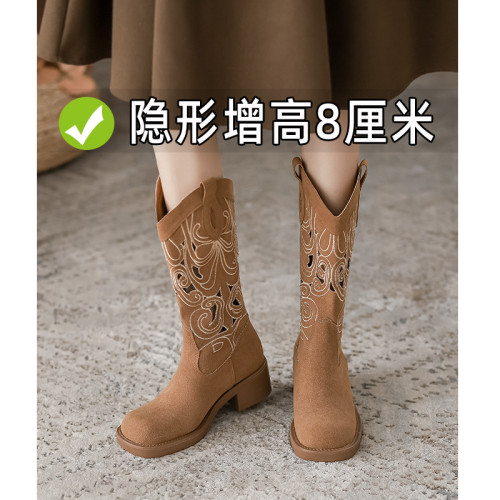 刺綉復古西部牛仔靴鏤空夏季薄款長靴女夏天透氣時裝靴中筒騎士靴