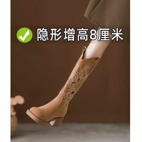 刺綉復古西部牛仔靴鏤空夏季薄款長靴女夏天透氣時裝靴中筒騎士靴